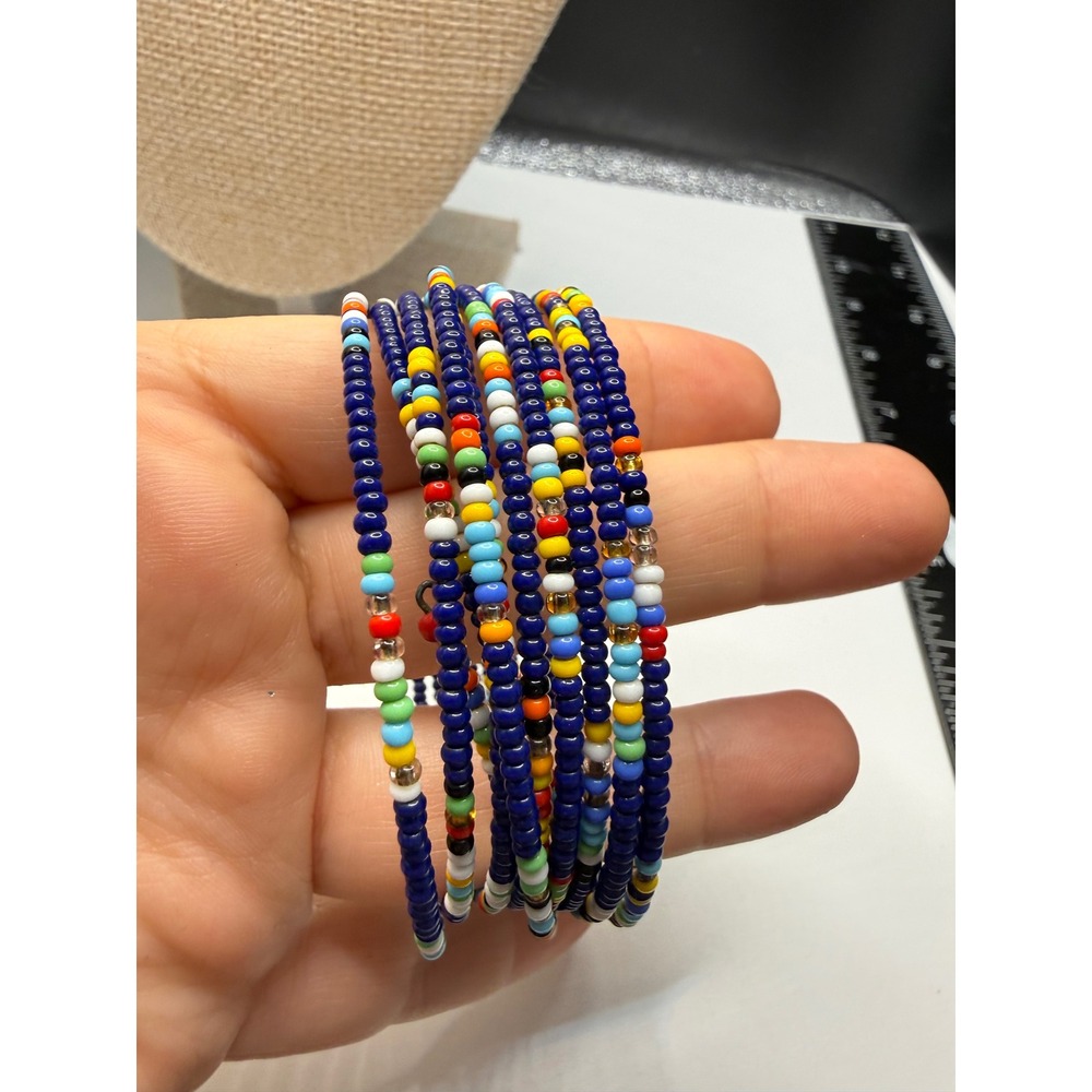Multicolor Glass Seed Bead Memory Wire Wrap Bracelet Cobalt Blue Boho Stacked